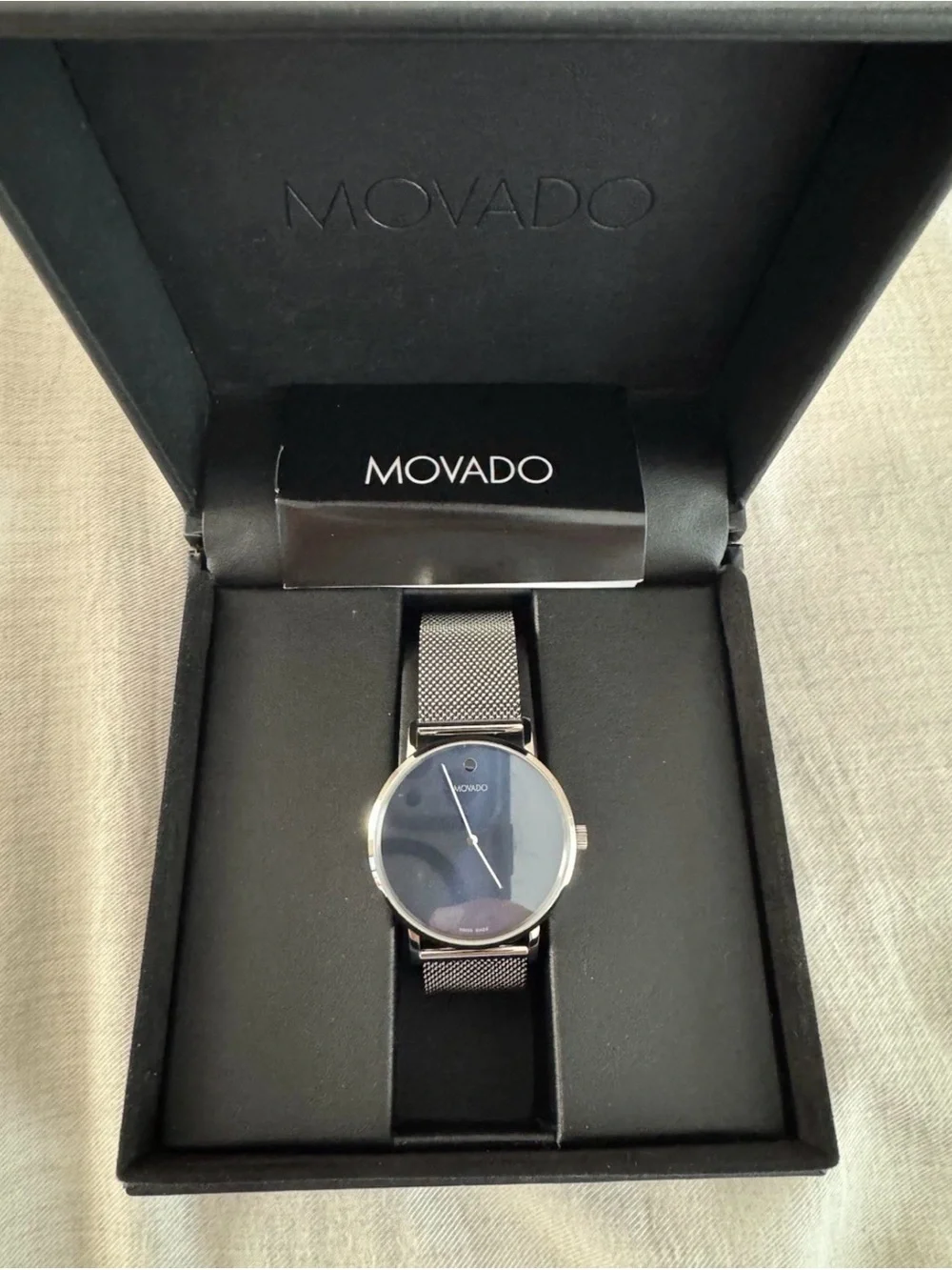 Movado Men's Black Dial Silver Case Mesh Strap Watch